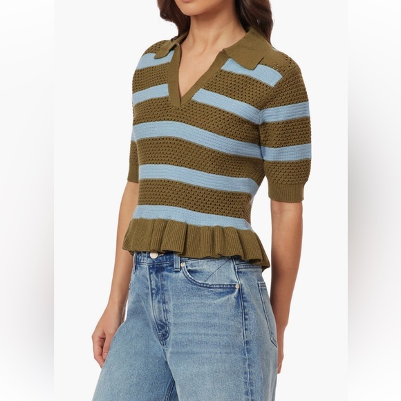 Scotch & Soda NWT Pointelle Collared Short sleeve Vneck Peplum Sweater - Picture 3 of 17